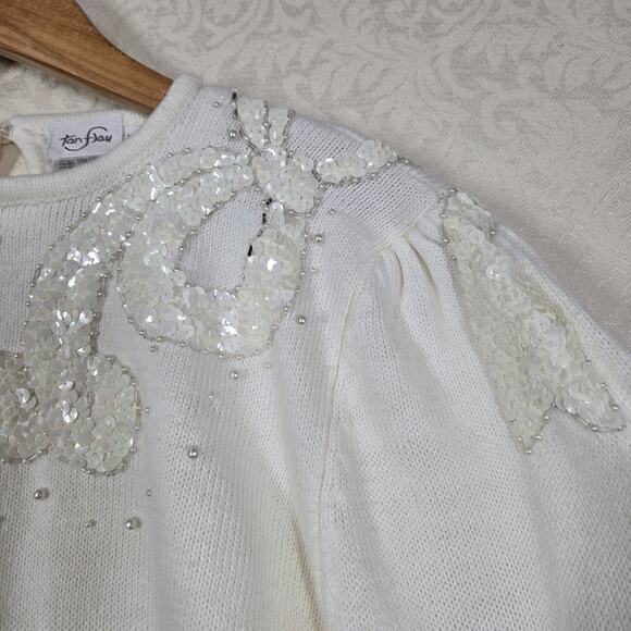 VTG Beaded TanJay Sweater sz L Ivory Off White Pearls Sequins - Picture 3 of 14